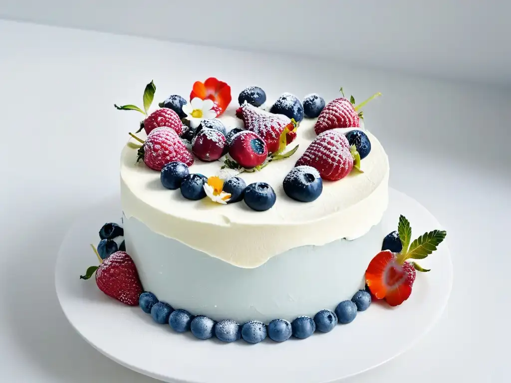 Exquisita tarta vegana con frutas y flores comestibles Exquisita repostería vegana con endulzantes naturales: pastel vegano decorado con frutas frescas y flores comestibles en soporte blanco moderno