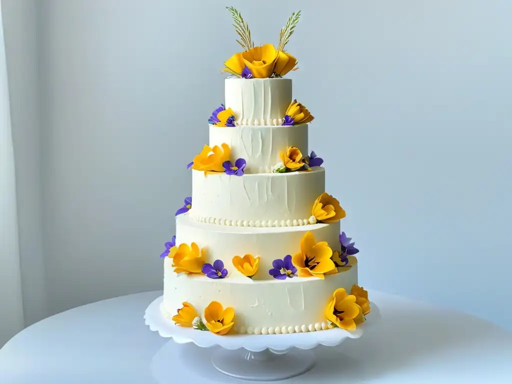 Exquisita repostería vegana para eventos especiales: pastel boda con flores comestibles y fondant, elegante y detallado sobre fondo blanco