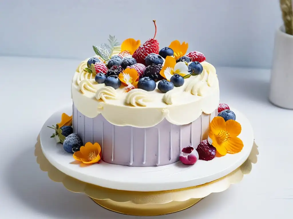 Exquisita repostería vegana para eventos especiales: pastel decorado con frutas y flores comestibles sobre pedestal de mármol blanco