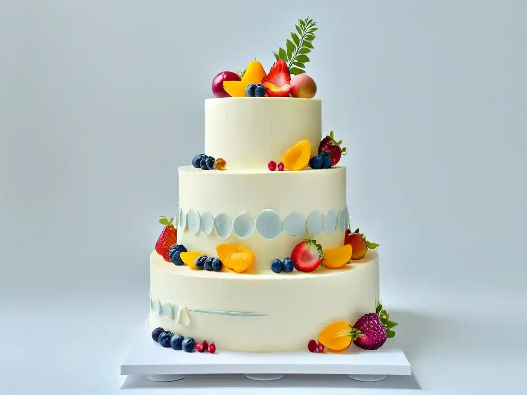 Exquisita repostería vegana para eventos especiales: elegante pastel decorado con flores de frutas y flores comestibles coloridas