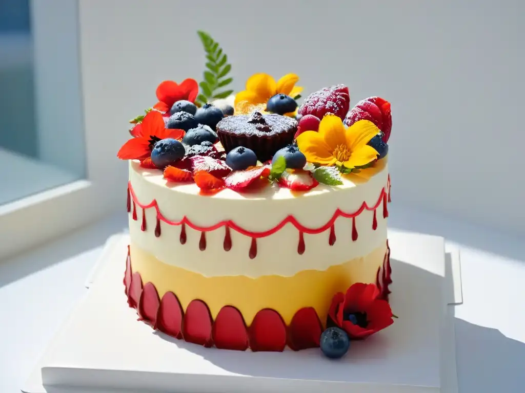 Exquisito pastel vegano con flores comestibles y chocolate Exquisita repostería vegana con flores comestibles y tendencias alimenticias sostenibles