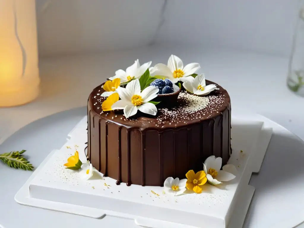 Exquisita repostería vegana orgánica experto: pastel de chocolate con flores comestibles y hojuelas de oro en soporte blanco
