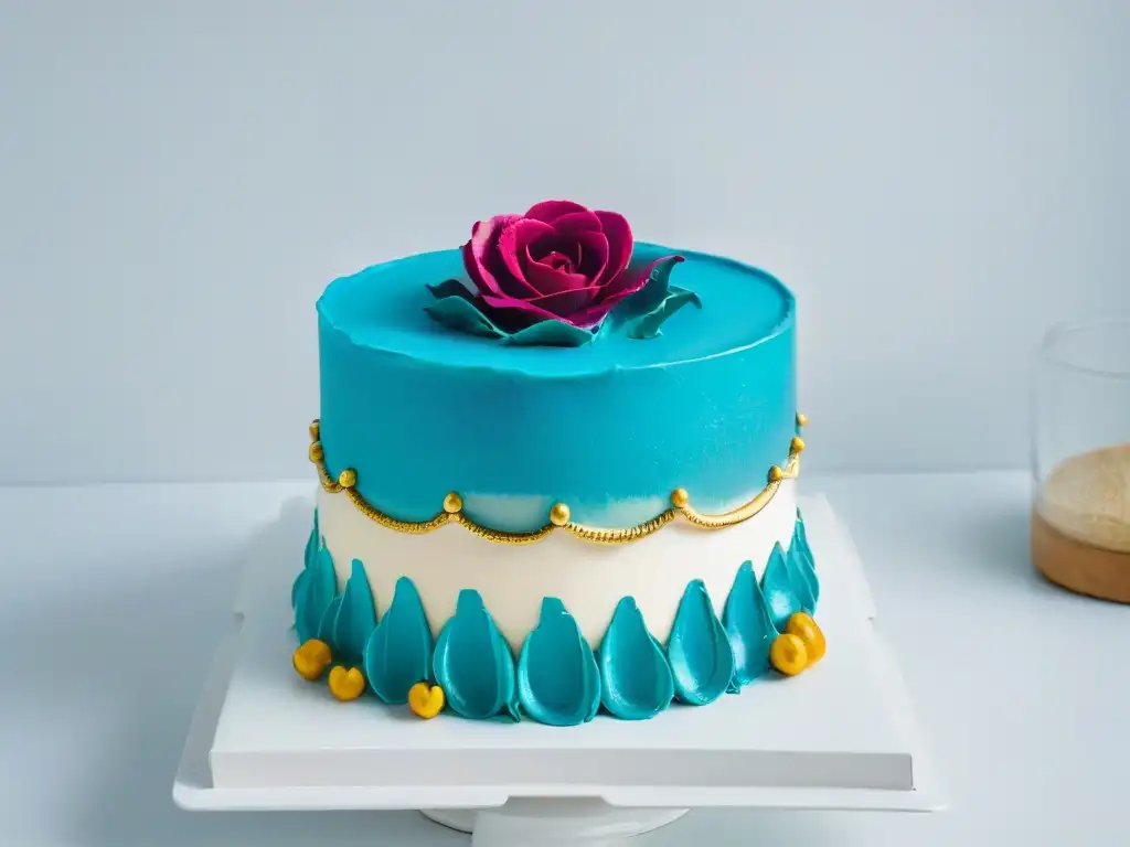 Exquisita repostería vegana sin productos animales: torta decorada con detalles en tonos turquesa, magenta y dorado, sobre base blanca moderna