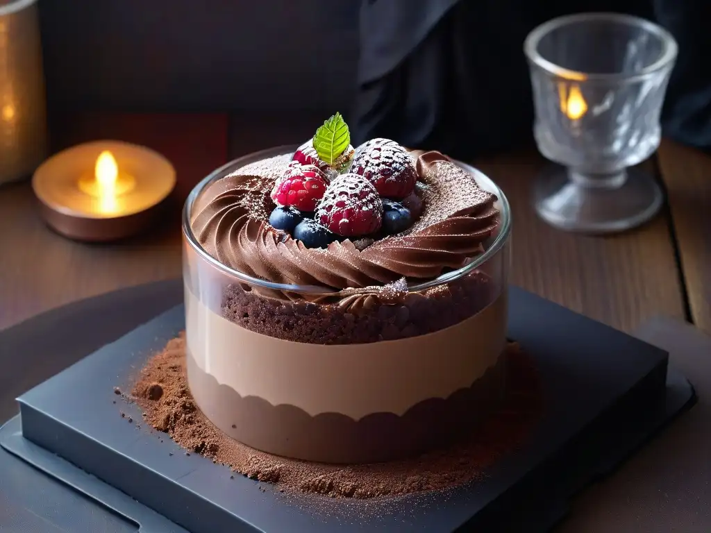 Una exquisita y saludable mousse de chocolate en copa transparente, decorada con cacao y frambuesa