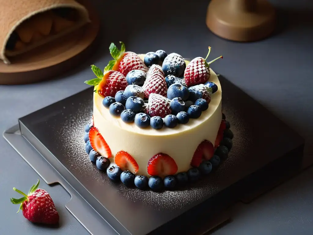 Una exquisita y saludable tarta de queso con frutos rojos frescos, sobre una elegante placa negra mate