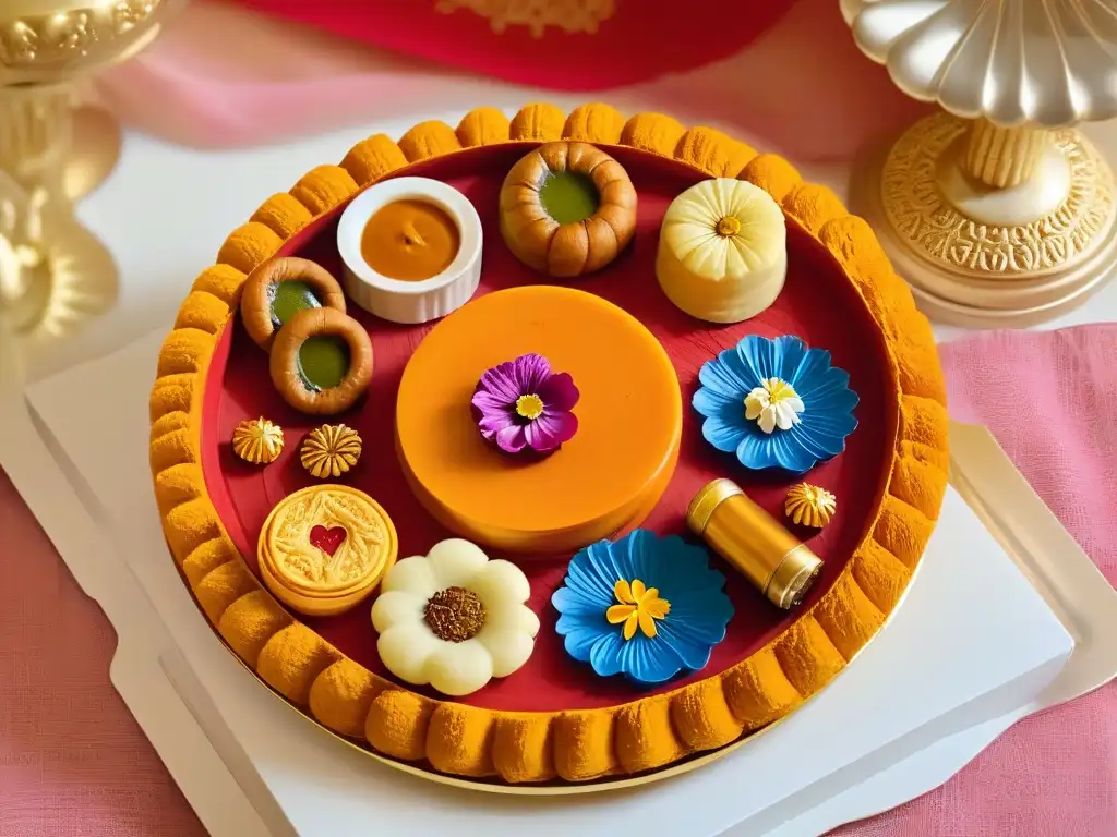 Una exquisita selección de dulces tradicionales Diwali recetas, con vibrantes colores y diseños intrincados en un elegante plato dorado