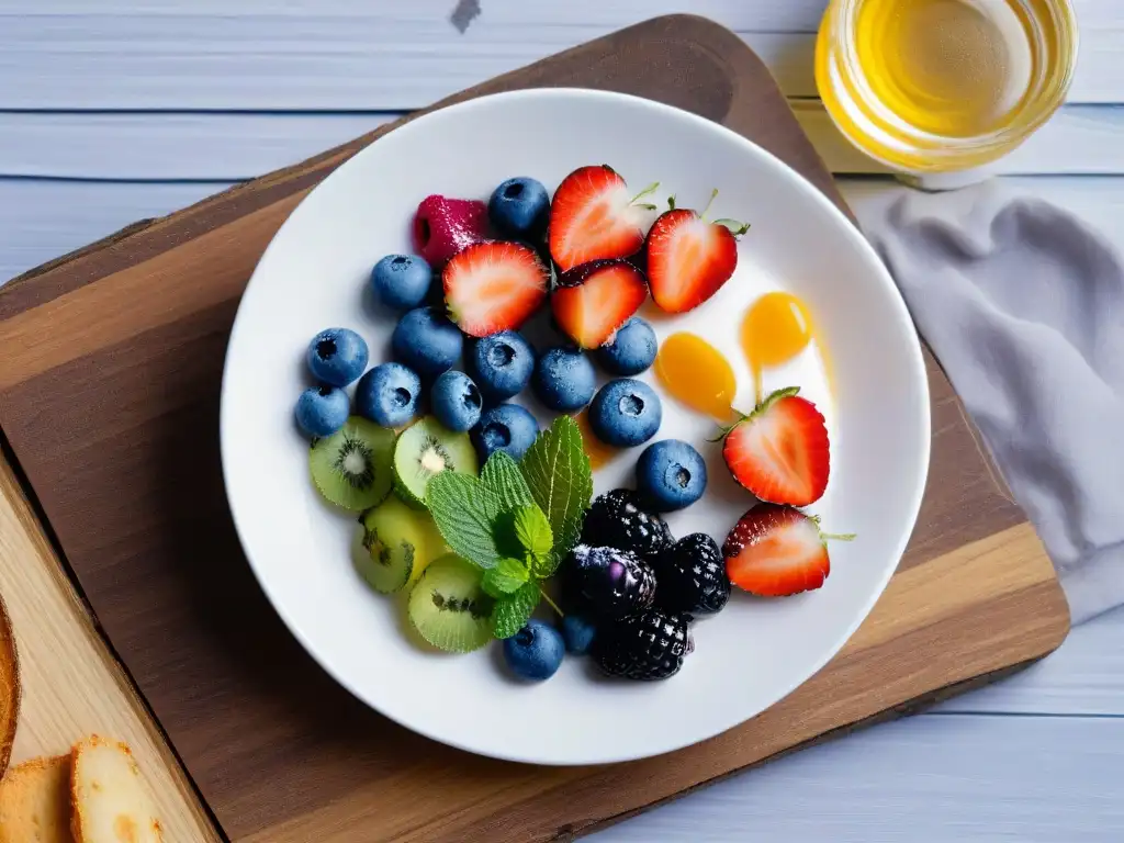 Una exquisita selección de endulzantes saludables para postres keto, presentados con elegancia en un plato con bayas frescas y hojas de menta