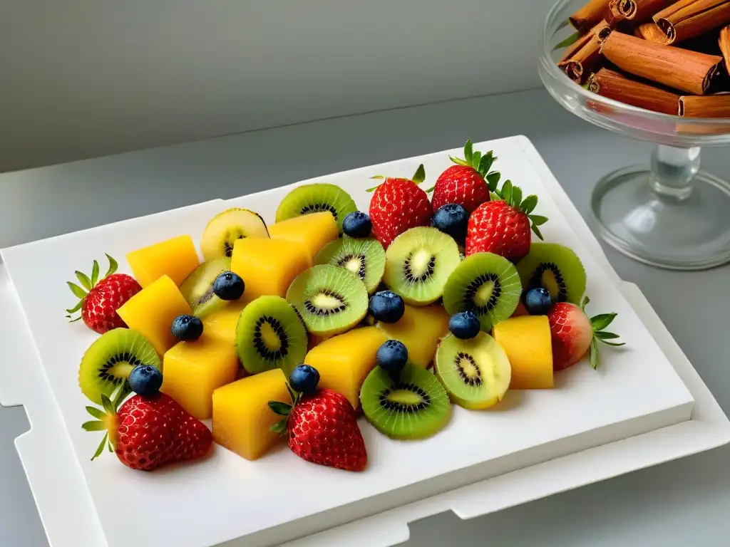 Una exquisita selección de frutas deshidratadas premium para repostería, brillantes y coloridas en un plato blanco moderno