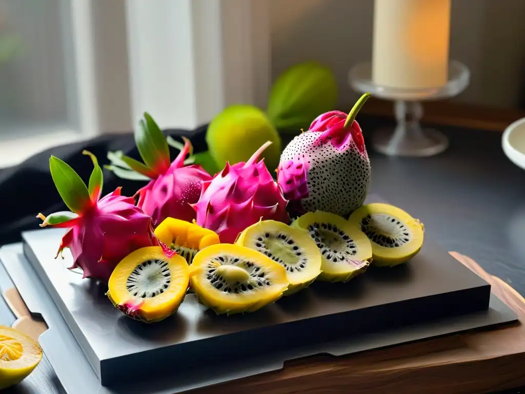 Una exquisita selección de frutas exóticas brilla en elegante cocina