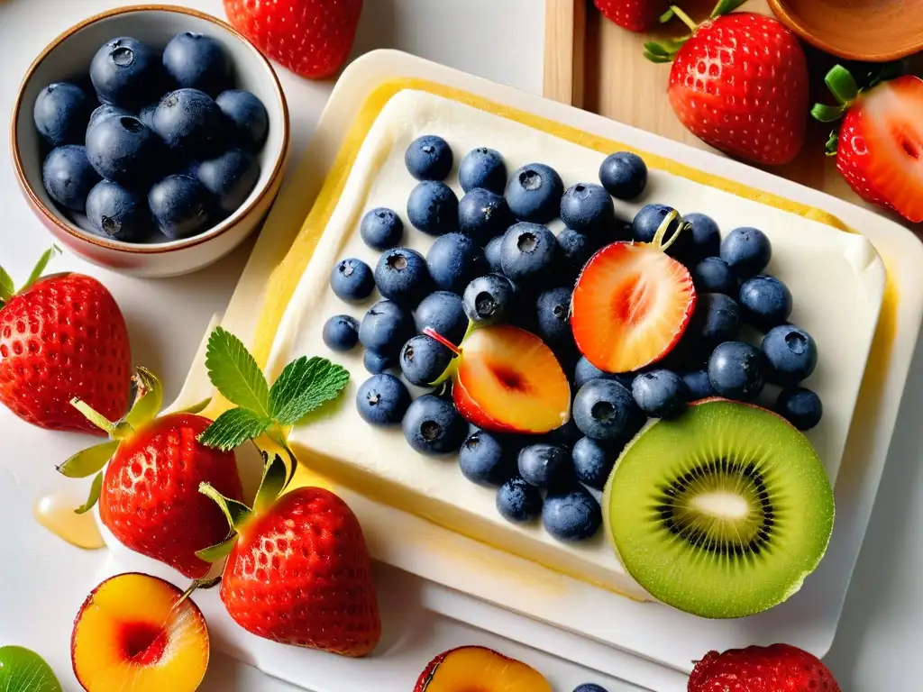 Una exquisita selección de frutas frescas cortadas sobre tabla de mármol blanco