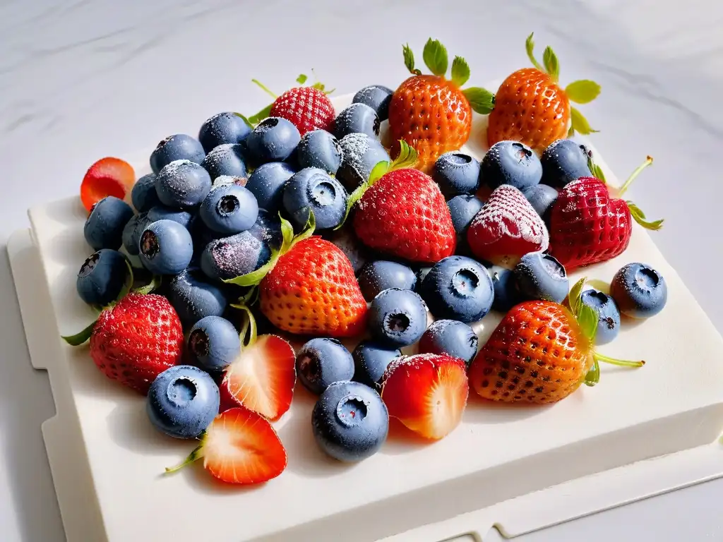 Una exquisita selección de frutas frescas y coloridas en una encimera de mármol blanco, listas para una deliciosa repostería sin gluten para niños