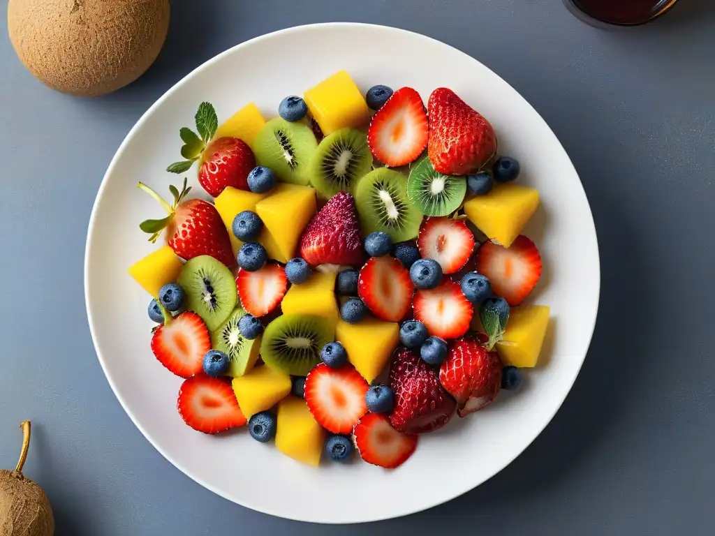 Una exquisita selección de frutas frescas en un plato blanco, con chía