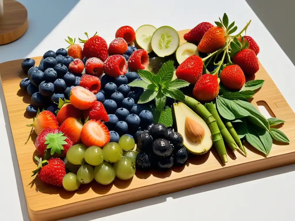 Una exquisita selección de frutas y hierbas orgánicas en un tablero de bambú sostenible