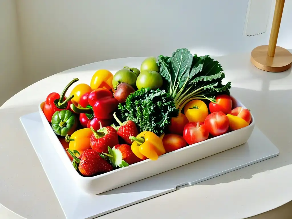 Una exquisita selección de frutas y verduras orgánicas en un bol blanco sobre una encimera de mármol