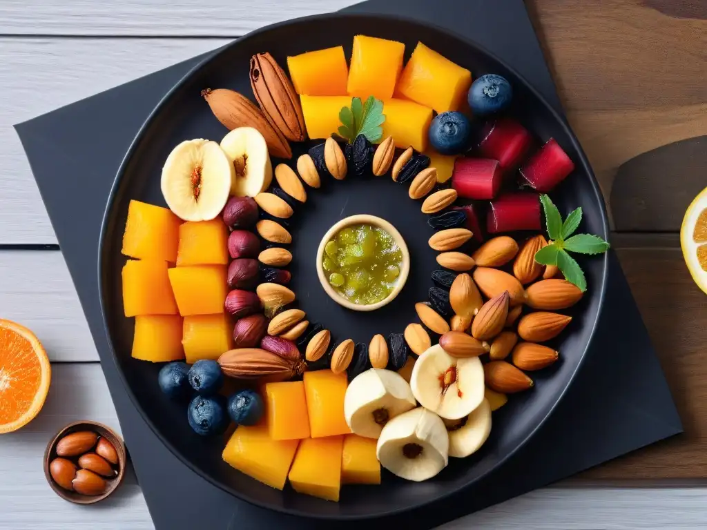 Una exquisita selección de frutos secos y frutas deshidratadas en repostería, armoniosamente dispuestos en un plato negro mate