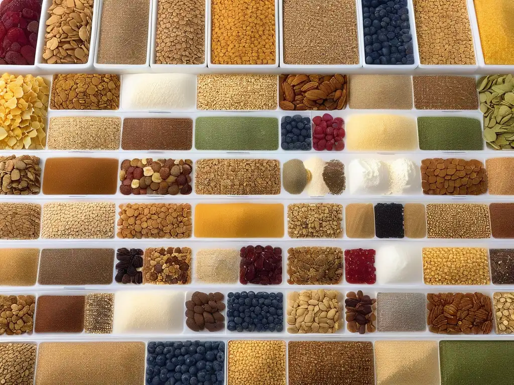 Una exquisita selección de granolas y cereales en envases transparentes sobre fondo blanco