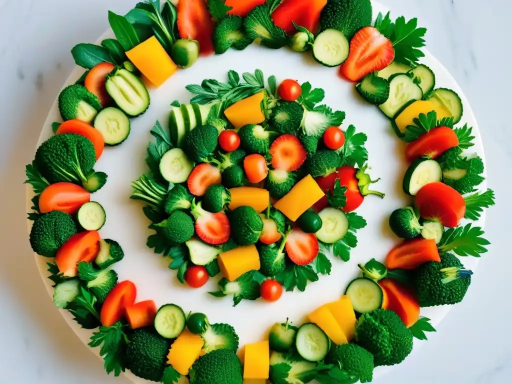 Arcoíris de frutas y verduras frescas en mármol blanco Una exquisita selección de ingredientes especiales para repostería, dispuestos en un círculo sobre mármol blanco
