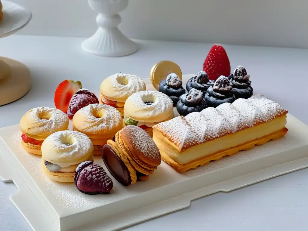 Exquisita selección de pastelería francesa con macarons, croissants, éclairs y tartaletas de frutas