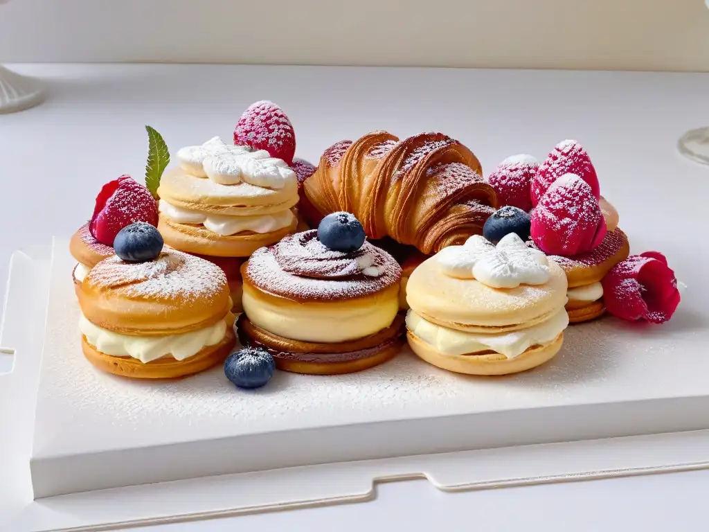 Una exquisita selección de pasteles franceses tradicionales con bayas frescas y flores comestibles, en un fondo blanco