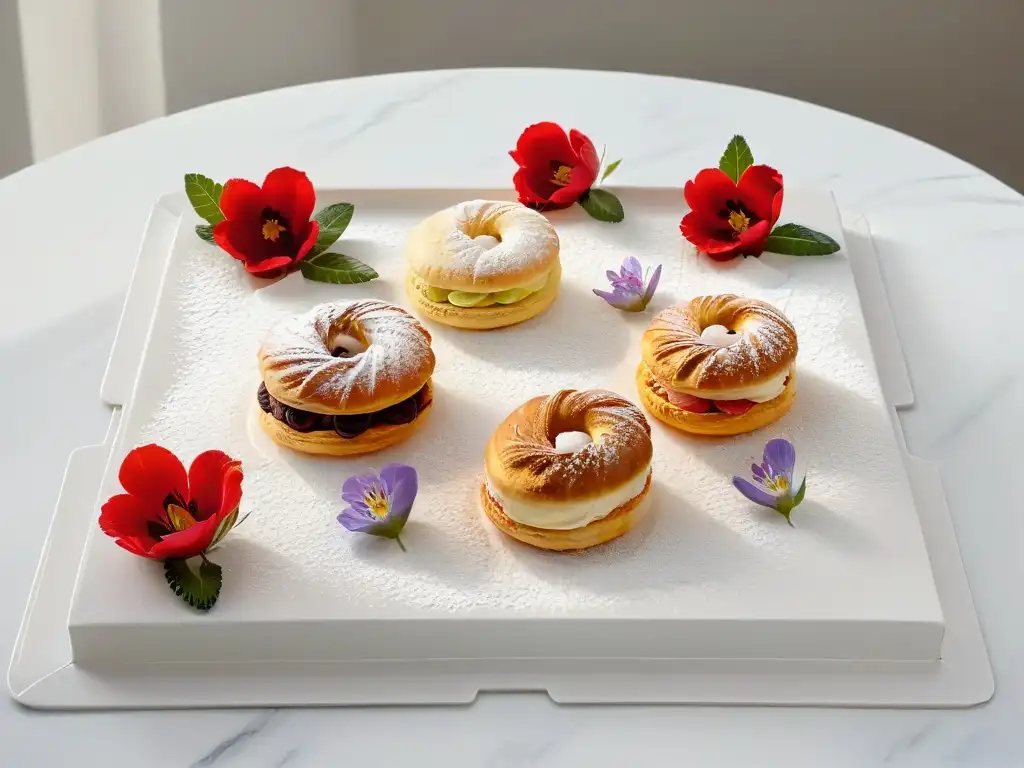 Una exquisita selección de postres para el Día de las Madres: croissants, éclairs, macarons y flores comestibles sobre bandeja de mármol blanco