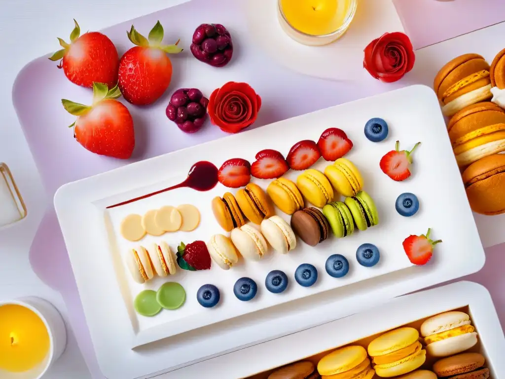 Exquisita selección de postres para el Día de las Madres, con macarons coloridos, rebanadas de pastel y frutas frescas en plato blanco