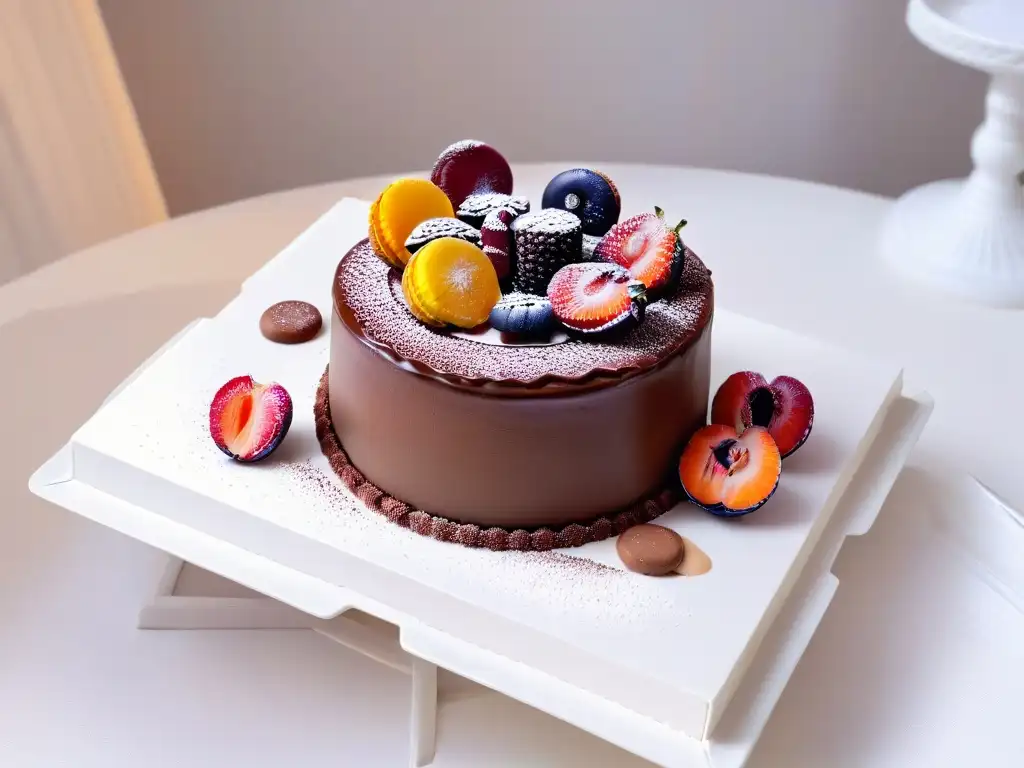 Exquisita selección de postres: pastel de chocolate, tarta de frutas y macarons en plato blanco