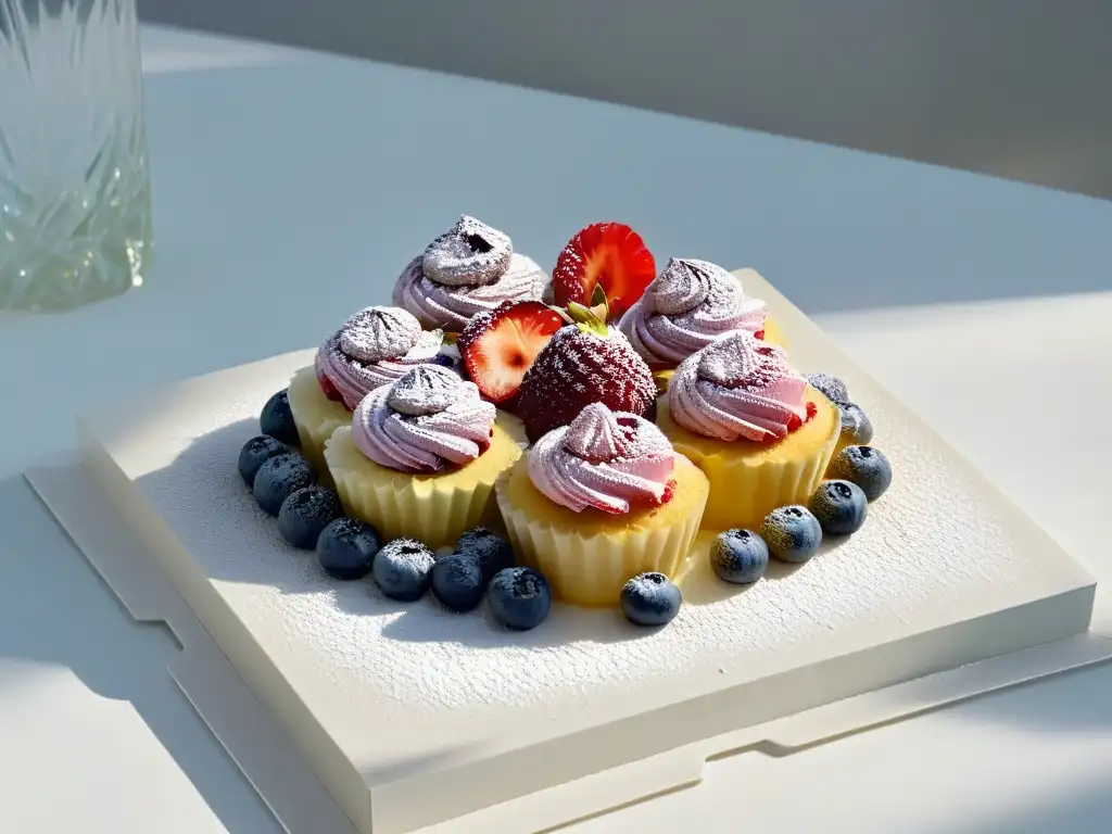 Una exquisita selección de postres seguros para alergias alimentarias, decorados con frutas y flores comestibles en un elegante plato blanco moderno