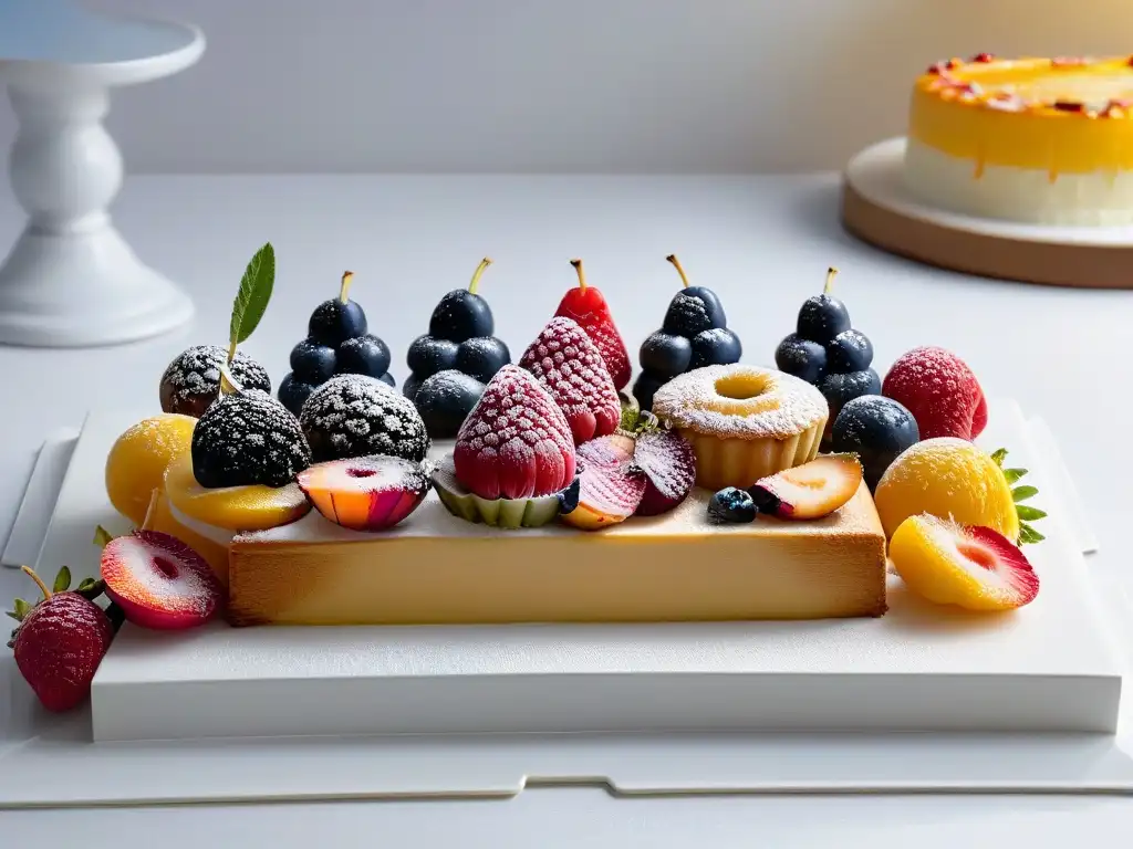 Una exquisita selección de repostería para diabéticos saludable, decorada con frutas y glaseado sin azúcar en plato blanco moderno