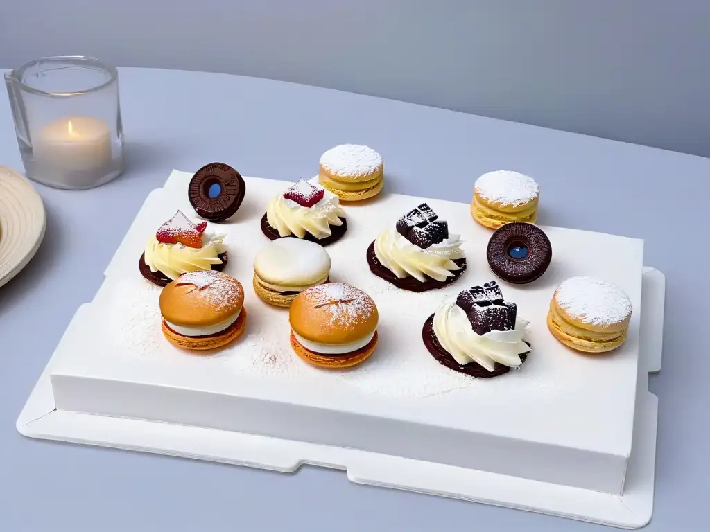 Exquisita selección de repostería francesa en París, con macarons, croissants y éclairs en un elegante mostrador de mármol blanco