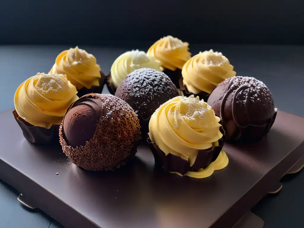 Una exquisita selección de trufas de chocolate con licor, decoradas con polvo de cacao y escamas doradas sobre encimera de cocina moderna