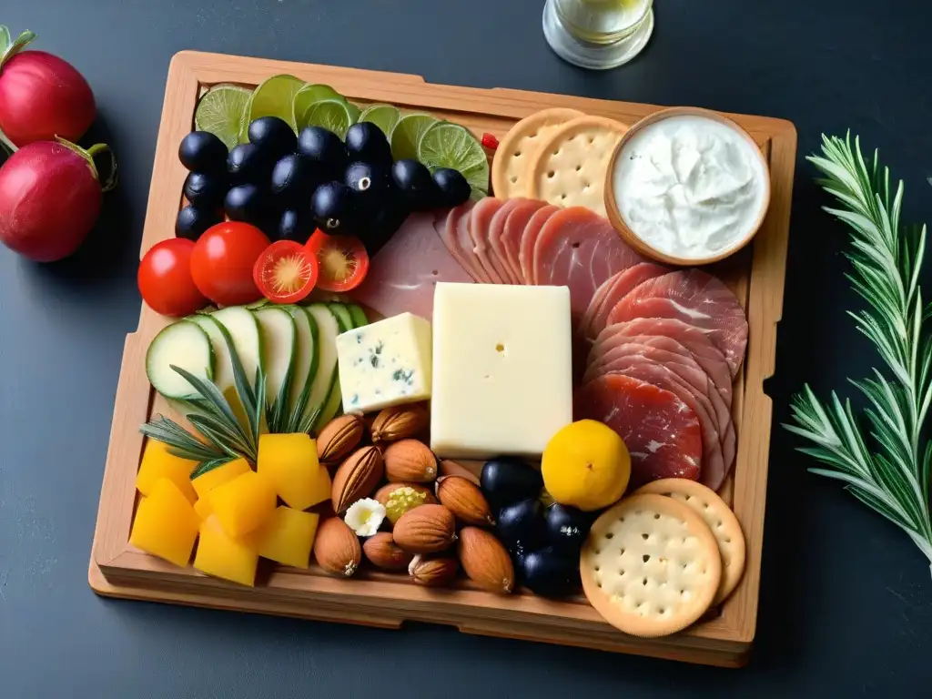 Exquisita tabla de embutidos con sirope de agave, quesos, frutas frescas, nueces y crackers artesanales, ¡una delicia para la vista!