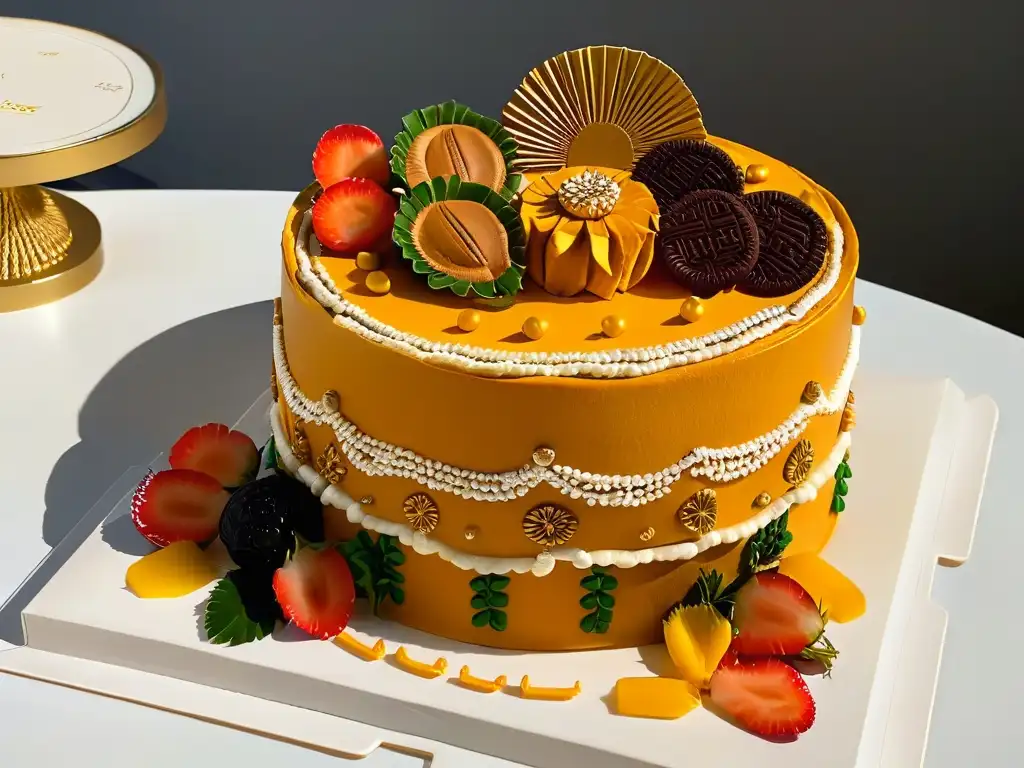 Una exquisita tarta africana con detalles vibrantes y dorados, reflejando la tendencia global de la repostería africana