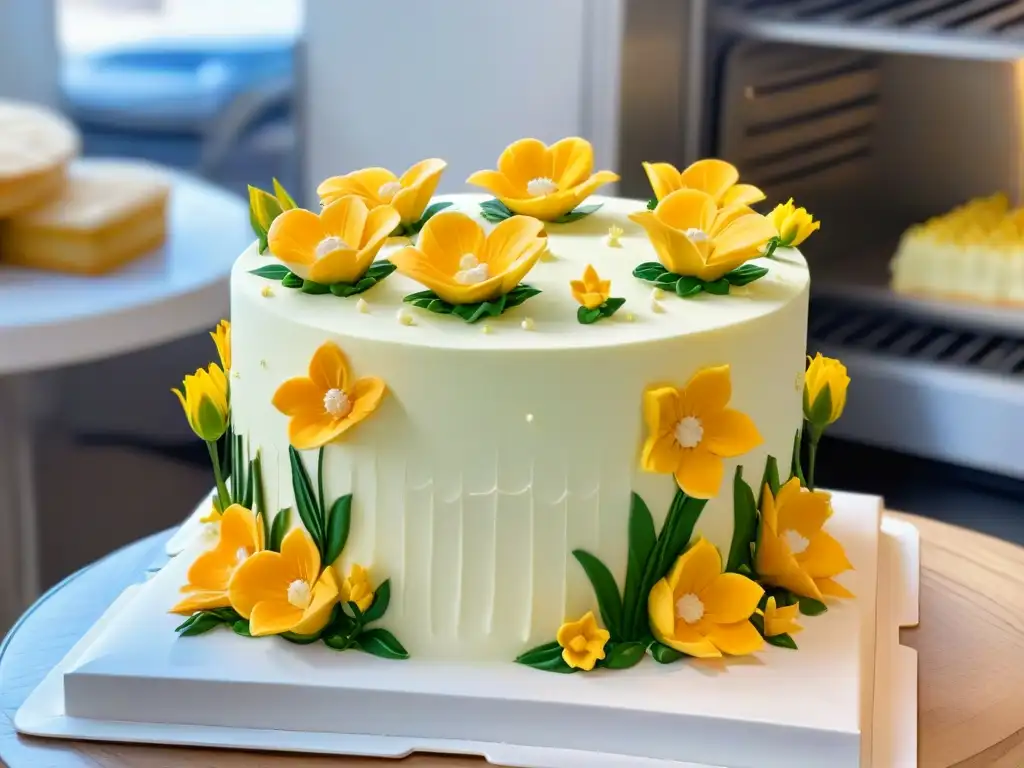 Exquisita tarta blanca decorada con flores de azúcar y detalles elaborados, en una cocina de pastelería con certificaciones online decoración pasteles