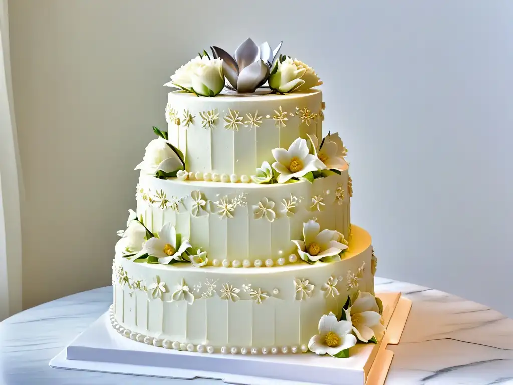 Exquisita tarta de boda decorada con flores de azúcar y detalles artísticos