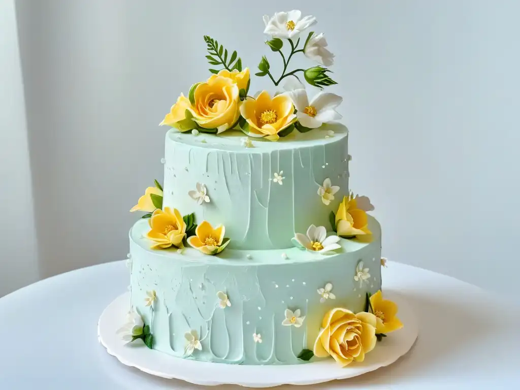 Exquisita tarta de boda decorada con flores de azúcar, detalle en repostería