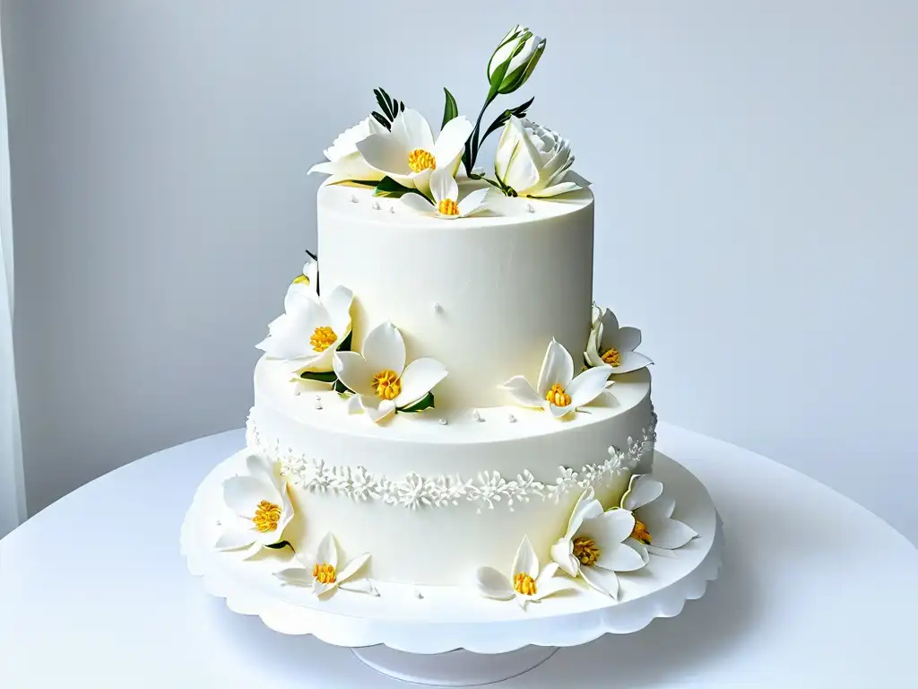 Una exquisita tarta de boda con diseño de recetas de repostería, decorada con flores de azúcar y detalles delicados