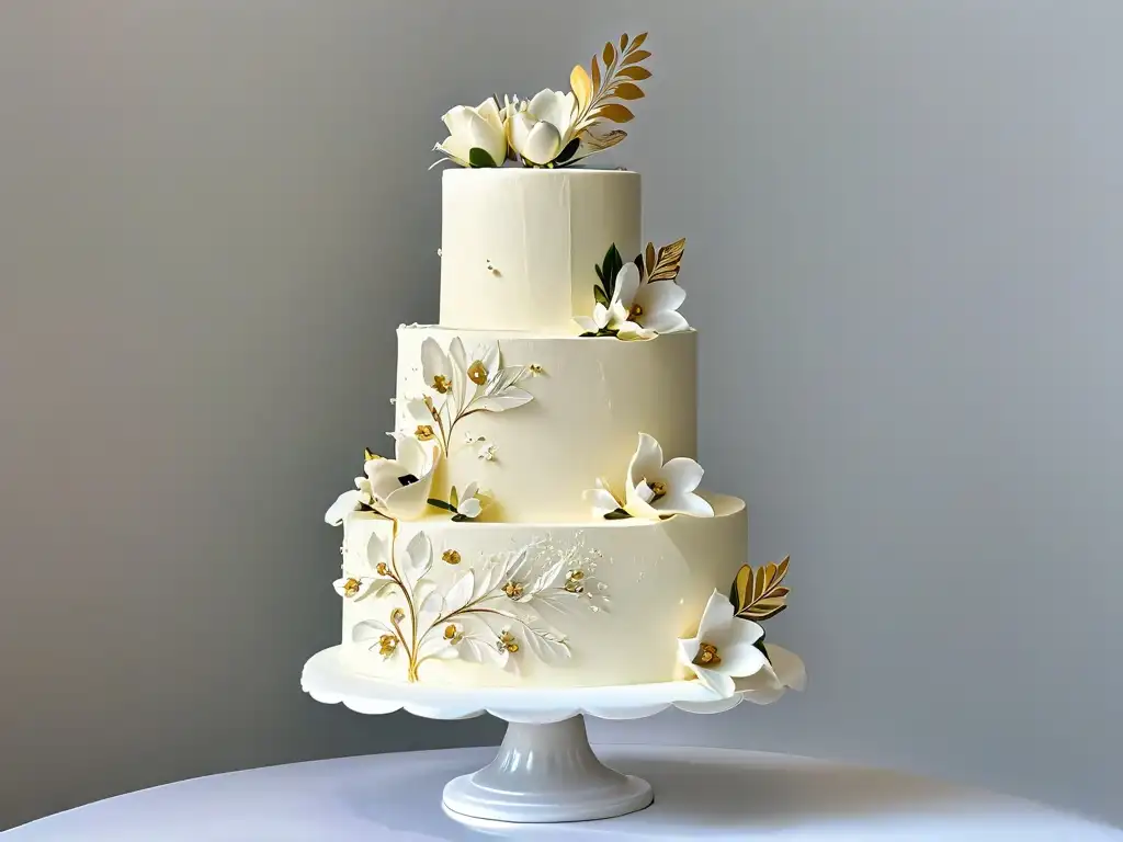 Exquisita tarta de boda elegante con flores de fondant blanco y detalles de hoja de oro, ideal para ocasiones especiales