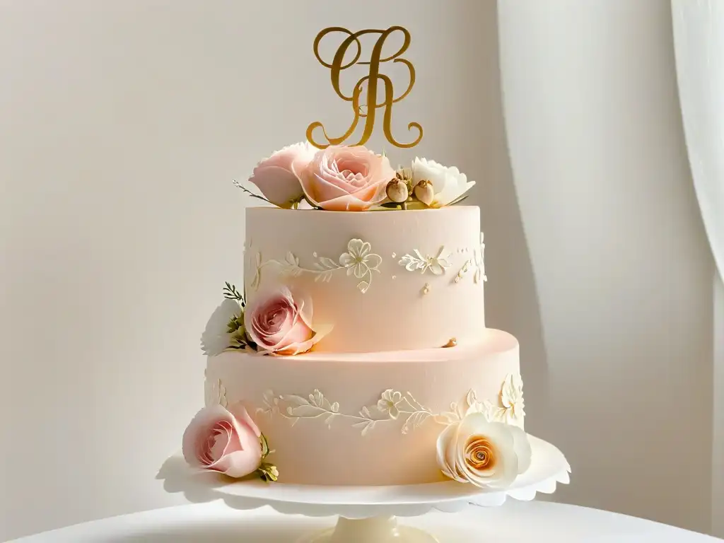 Exquisita tarta de boda con encaje blanco, flores rosadas y monograma dorado, iluminación suave