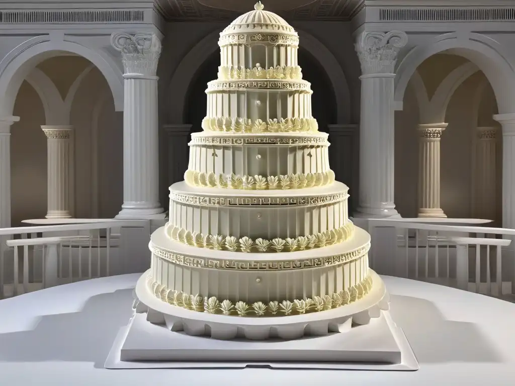 Una exquisita tarta de boda inspirada en la arquitectura clásica griega, con columnas e intrincados detalles, exhibida con elegancia