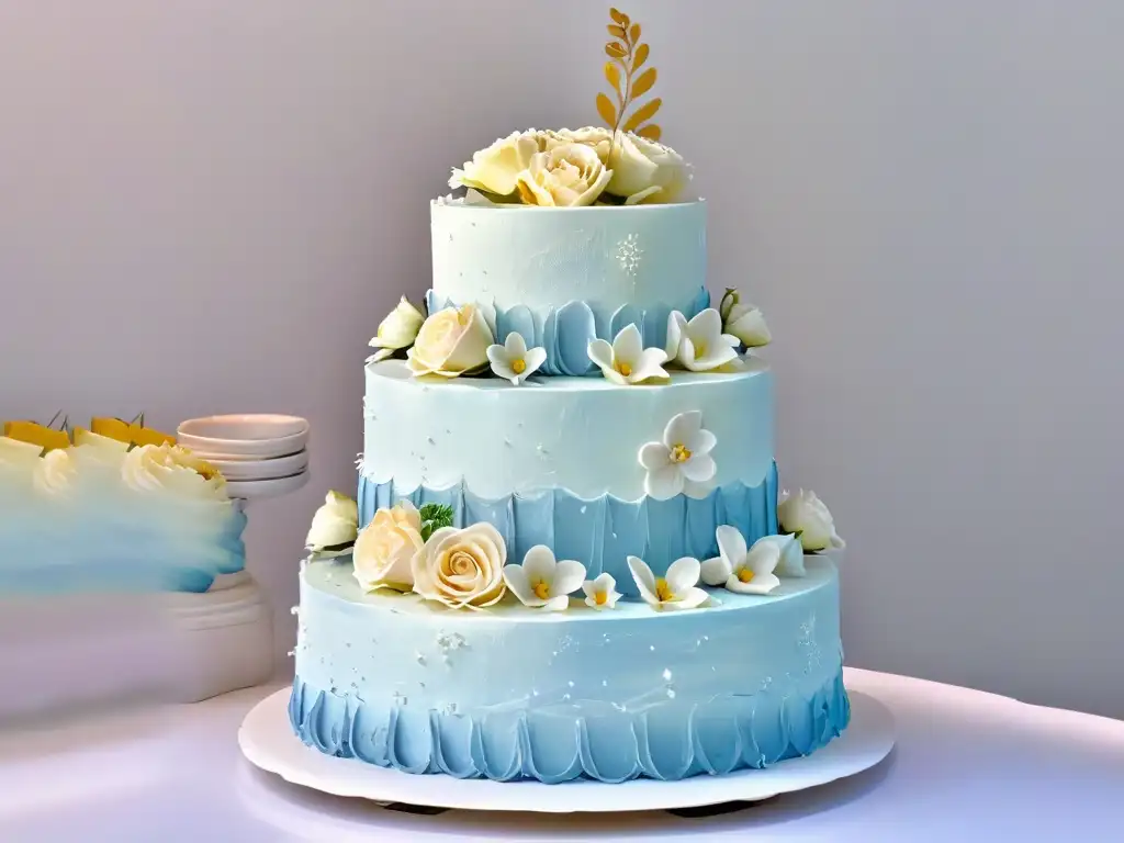 Exquisita tarta de boda de tres niveles decorada con flores de azúcar y detalles en dorado, ideal para Retiros de cocina repostería experto