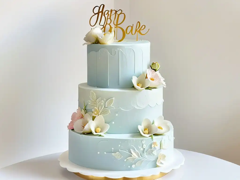 Pastel de boda de tres niveles: elegancia en fondant y flores de azúcar Exquisita tarta de boda de tres niveles con encaje blanco, flores de azúcar y monograma dorado