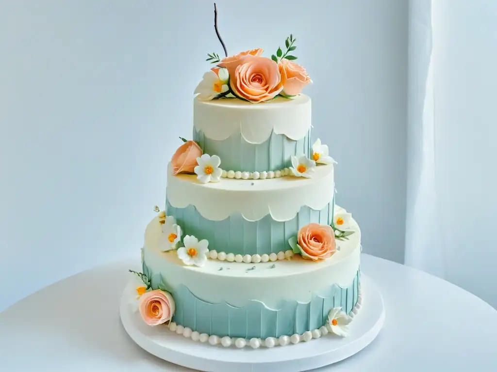 Una exquisita tarta de boda de tres pisos decorada con flores de azúcar en tonos pastel, destacando el arte de la repostería clásica