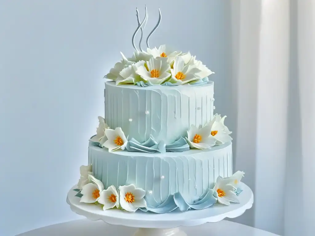 Exquisita tarta de bodas en mármol blanco con decoración floral y perlas comestibles