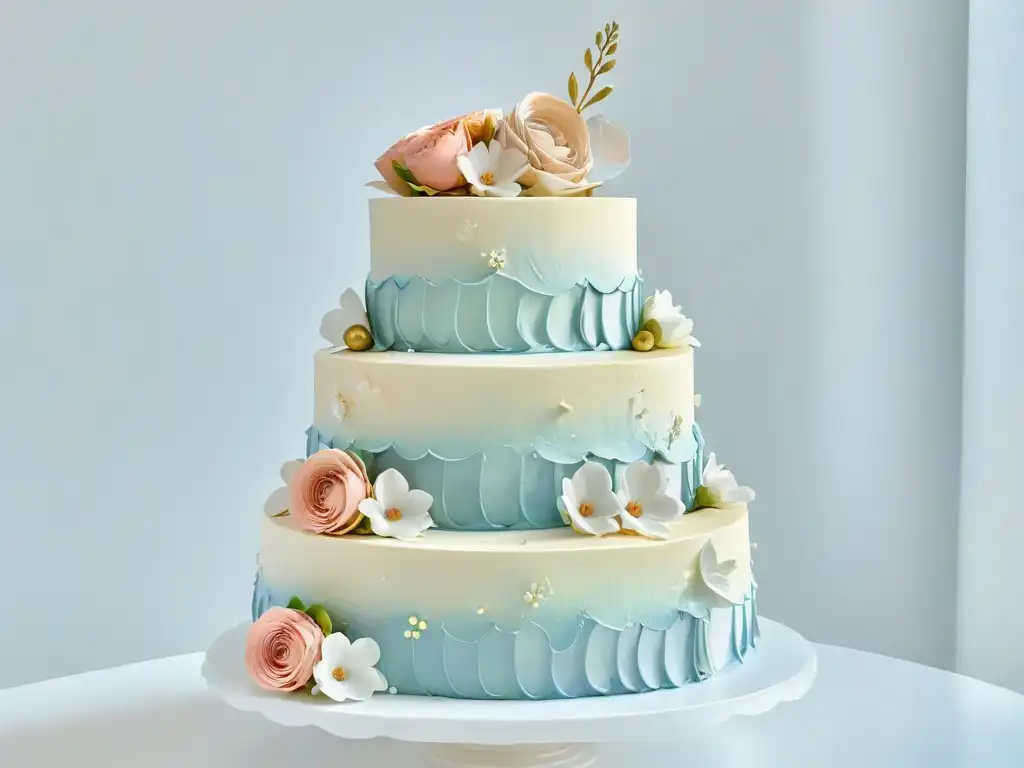 Exquisita tarta de bodas decorada con detalles en fondant, flores de azúcar y toques dorados, en un fondo blanco