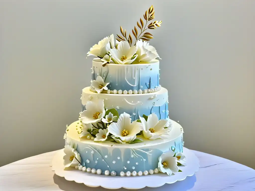 Exquisita tarta de bodas con detalles meticulosos y delicadas flores de azúcar, sobre encimera de mármol blanco, bajo luz natural