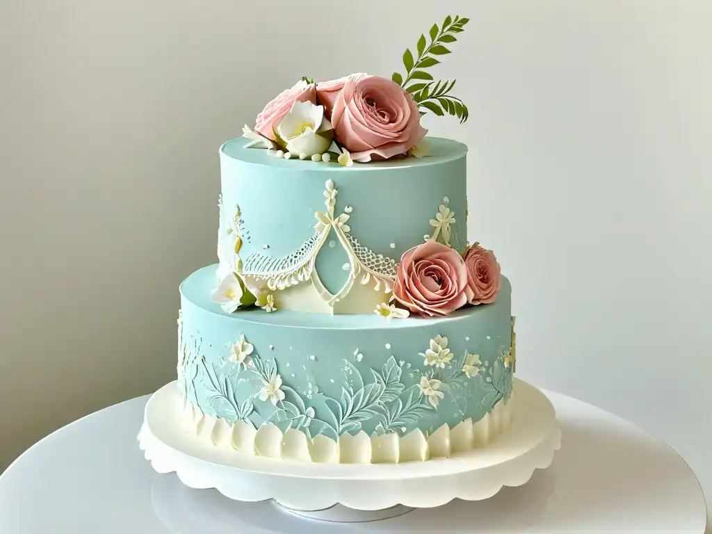 Exquisita tarta de bodas diseñada con impresión 3D, destacando detalles intrincados y elegantes