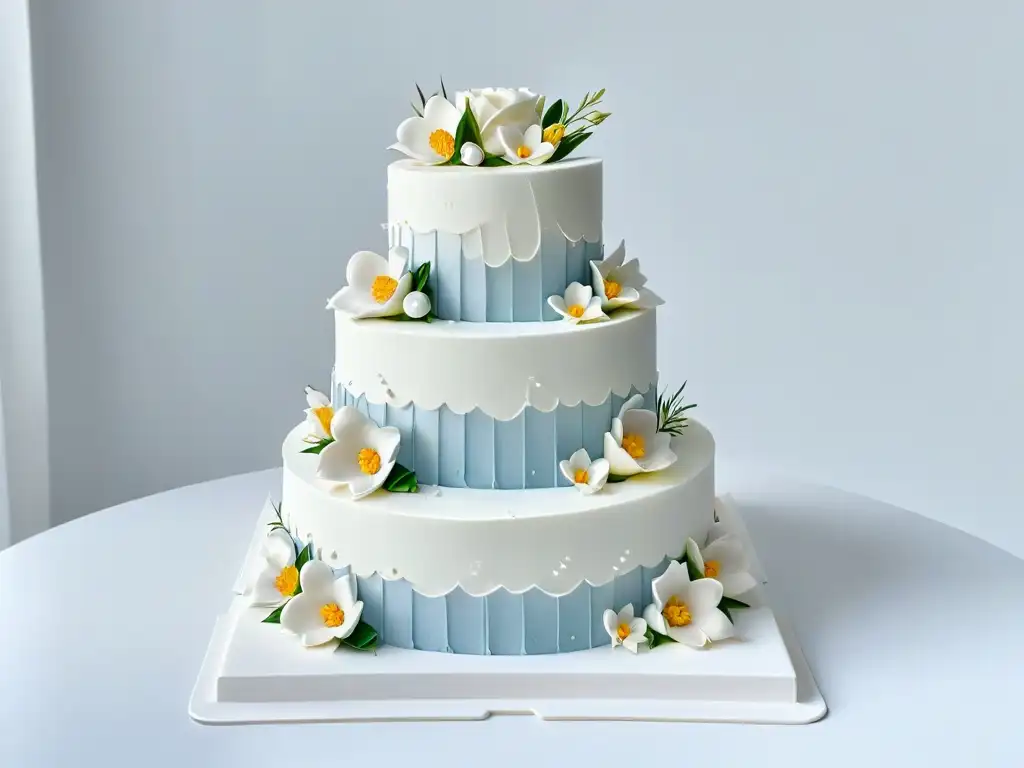 Exquisita tarta de bodas con diseño de fondant en colores pastel Exquisita tarta de bodas de varios niveles decorada con técnicas avanzadas fondant pasteles inolvidables en tonos pasteles suaves