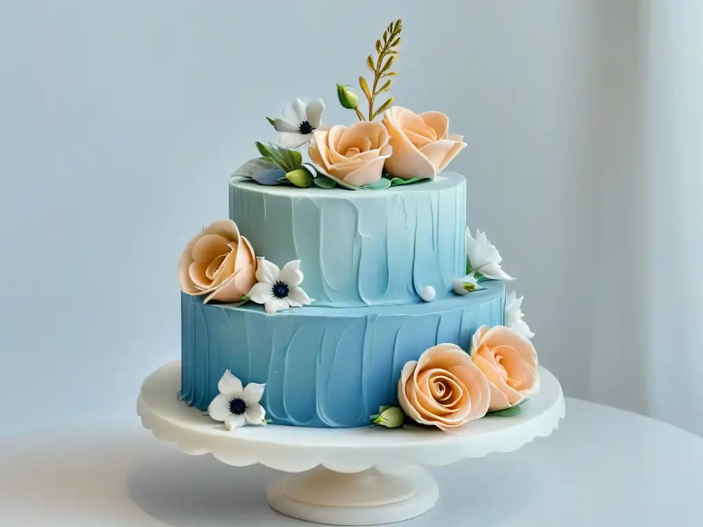 Una exquisita tarta de bodas de tres niveles con flores de azúcar en tonos pastel, sobre una elegante base de mármol