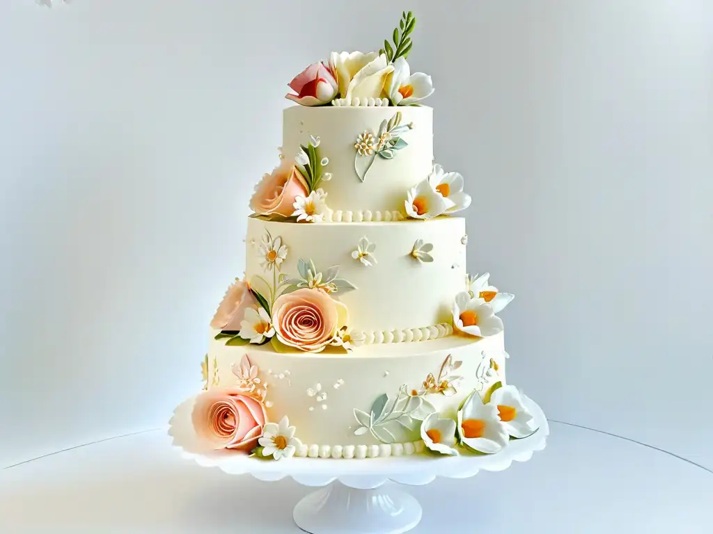 Exquisita tarta de bodas de tres pisos decorada con detalle por un maestro pastelero en talleres avanzados de repostería