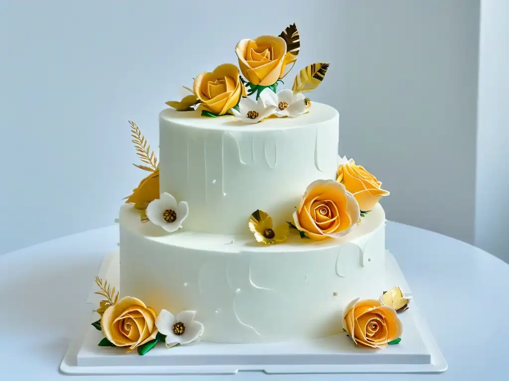 Exquisita tarta de bodas de tres pisos con decoraciones comestibles postres alta gama